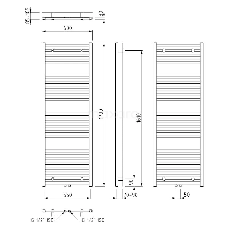 Mars Handdoekradiator | 60x170 Cm Donkergrijs 875 Watt Staal Centrale Verwarming 6 Mars Handdoekradiator | 60x170 Cm Donkergrijs 875 Watt Staal Centrale Verwarming - Afbeelding 6