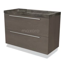 Modulo Badkamermeubel Met Wastafel | 100 Cm Donkerbruin Eiken Vlak Front Natuursteen 2 Lades Onder Elkaar