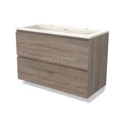 Modulo Badkamermeubel Met Wastafel | 100 Cm Eiken Greeploos Front Solid Surface 2 Lades Onder Elkaar