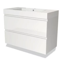 Modulo Badkamermeubel Met Wastafel | 100 Cm Hoogglans Wit Greeploos Front Mineraalmarmer 2 Lades Onder Elkaar