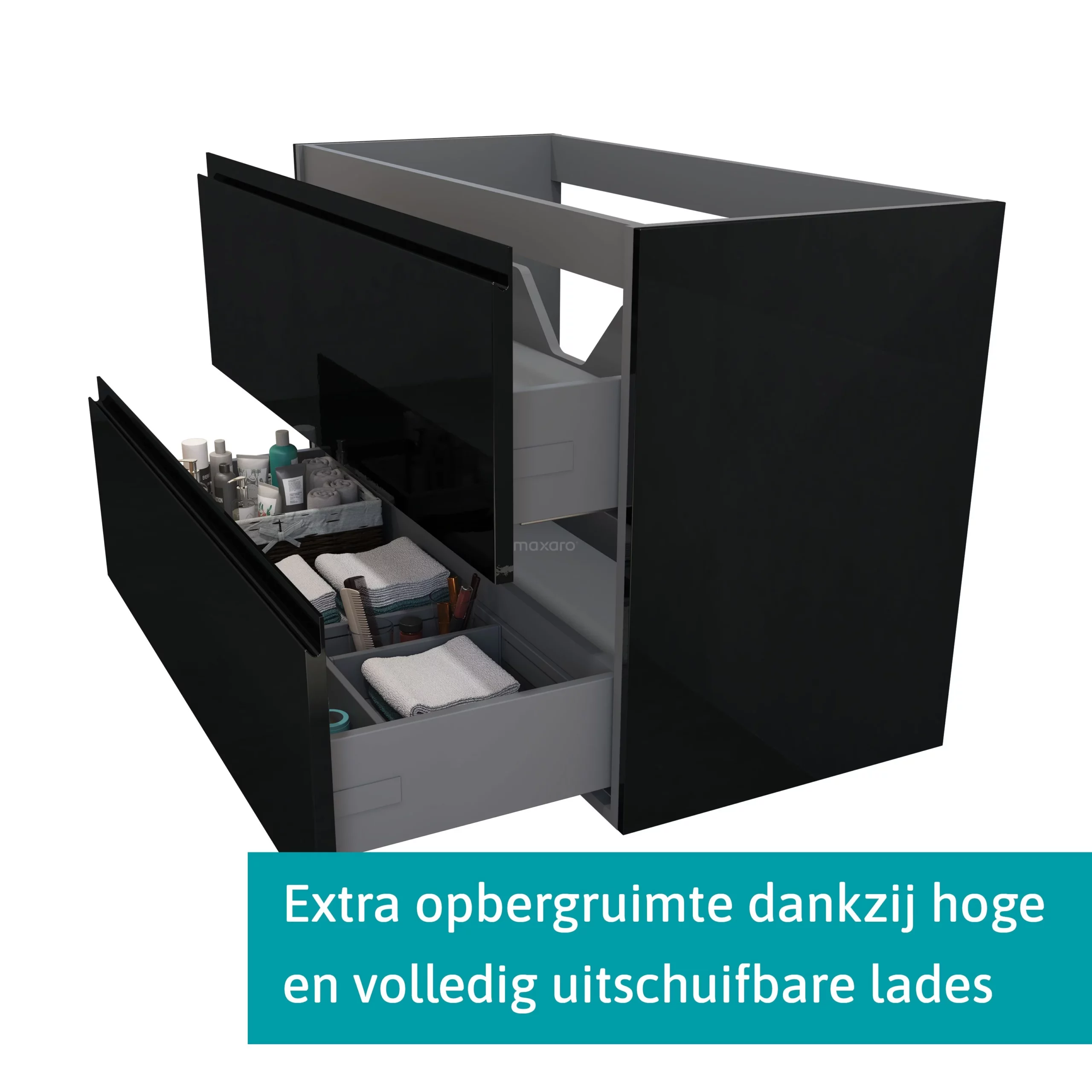 Modulo Badkamermeubel Met Wastafel | 100 Cm Hoogglans Zwart Greeploos Front Mineraalmarmer 2 Lades Onder Elkaar 2 Modulo Badkamermeubel Met Wastafel | 100 Cm Hoogglans Zwart Greeploos Front Mineraalmarmer 2 Lades Onder Elkaar - Afbeelding 2
