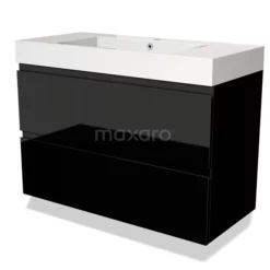 Modulo Badkamermeubel Met Wastafel | 100 Cm Hoogglans Zwart Greeploos Front Mineraalmarmer 2 Lades Onder Elkaar