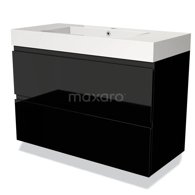 Modulo Badkamermeubel Met Wastafel | 100 Cm Hoogglans Zwart Greeploos Front Mineraalmarmer 2 Lades Onder Elkaar 1 Modulo Badkamermeubel Met Wastafel | 100 Cm Hoogglans Zwart Greeploos Front Mineraalmarmer 2 Lades Onder Elkaar