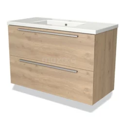 Modulo Badkamermeubel Met Wastafel | 100 Cm Lichtbruin Eiken Vlak Front Keramiek 2 Lades Onder Elkaar