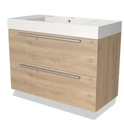 Modulo Badkamermeubel Met Wastafel | 100 Cm Lichtbruin Eiken Vlak Front Mineraalmarmer 2 Lades Onder Elkaar