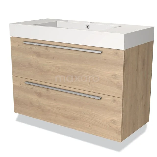 Modulo Badkamermeubel Met Wastafel | 100 Cm Lichtbruin Eiken Vlak Front Mineraalmarmer 2 Lades Onder Elkaar 1 Modulo Badkamermeubel Met Wastafel | 100 Cm Lichtbruin Eiken Vlak Front Mineraalmarmer 2 Lades Onder Elkaar