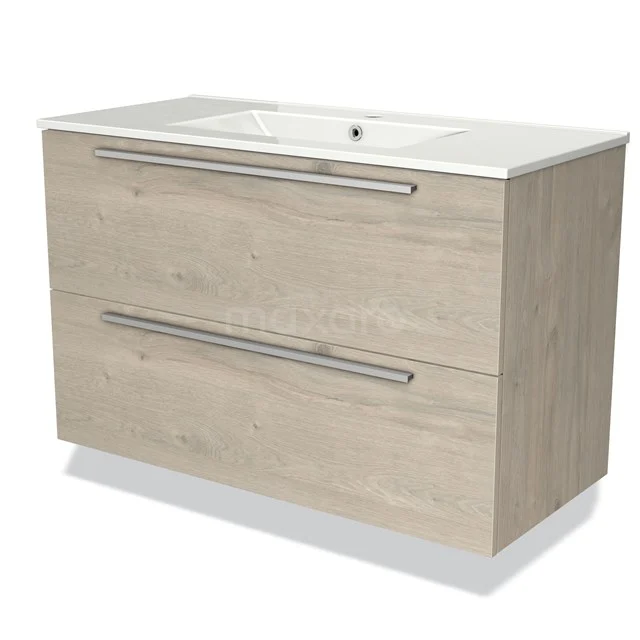 Modulo Badkamermeubel Met Wastafel | 100 Cm Lichtgrijs Eiken Vlak Front Keramiek 2 Lades Onder Elkaar 1 Modulo Badkamermeubel Met Wastafel | 100 Cm Lichtgrijs Eiken Vlak Front Keramiek 2 Lades Onder Elkaar