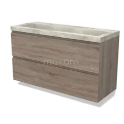 Modulo Badkamermeubel Met Wastafel | 120 Cm Eiken Greeploos Front Beton 2 Lades Onder Elkaar
