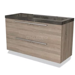 Modulo Badkamermeubel Met Wastafel | 120 Cm Eiken Vlak Front Natuursteen 2 Lades Onder Elkaar