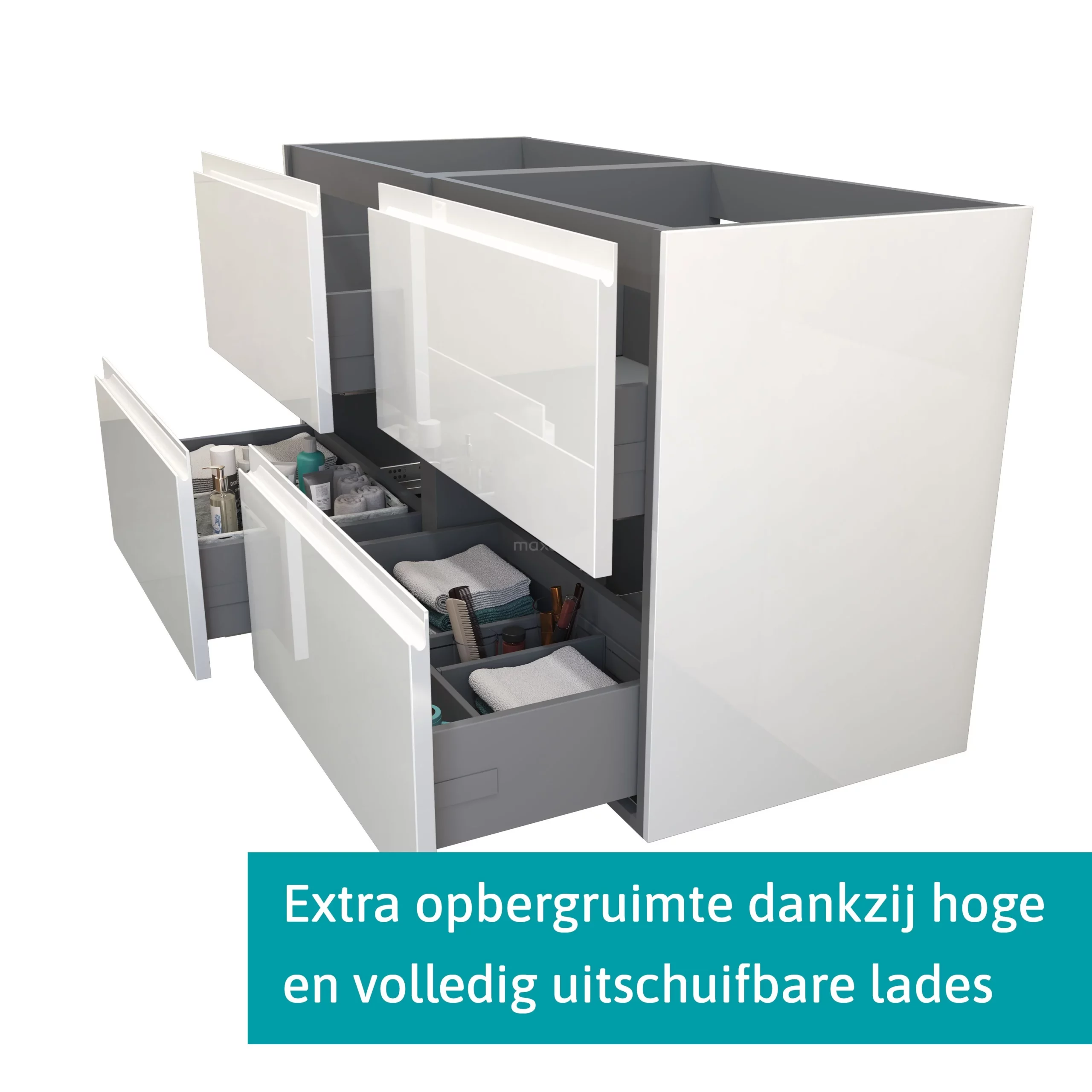 Modulo Badkamermeubel Met Wastafel | 120 Cm Hoogglans Wit Greeploos Front Keramiek 4 Lades 2 Modulo Badkamermeubel Met Wastafel | 120 Cm Hoogglans Wit Greeploos Front Keramiek 4 Lades - Afbeelding 2