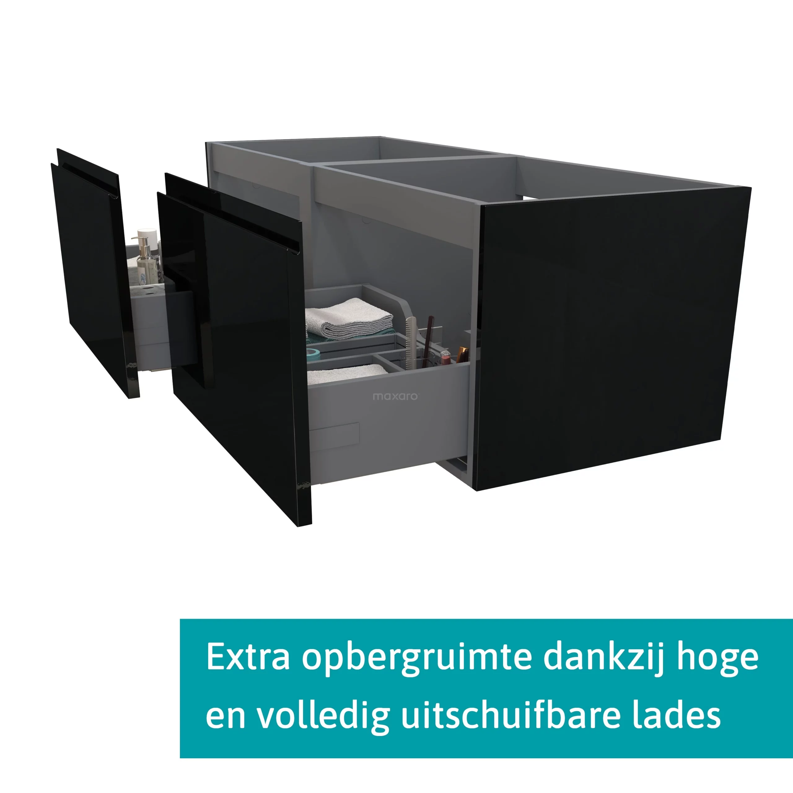 Modulo Badkamermeubel Met Wastafel | 120 Cm Hoogglans Zwart Greeploos Front Natuursteen 2 Lades Naast Elkaar 2 Modulo Badkamermeubel Met Wastafel | 120 Cm Hoogglans Zwart Greeploos Front Natuursteen 2 Lades Naast Elkaar - Afbeelding 2