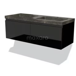 Modulo Badkamermeubel Met Wastafel | 120 Cm Hoogglans Zwart Greeploos Front Natuursteen 2 Lades Naast Elkaar