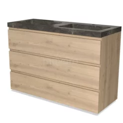 Modulo Badkamermeubel Met Wastafel | 120 Cm Lichtbruin Eiken Greeploos Front Natuursteen 3 Lades