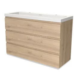 Modulo Badkamermeubel Met Wastafel | 120 Cm Lichtbruin Eiken Greeploos Front Solid Surface 3 Lades