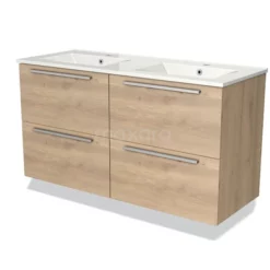 Modulo Badkamermeubel Met Wastafel | 120 Cm Lichtbruin Eiken Vlak Front Keramiek 4 Lades