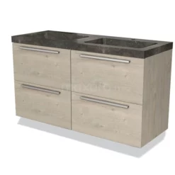 Modulo Badkamermeubel Met Wastafel | 120 Cm Lichtgrijs Eiken Vlak Front Natuursteen 4 Lades