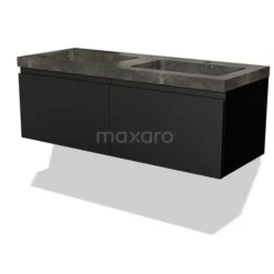 Modulo Badkamermeubel Met Wastafel | 120 Cm Mat Zwart Greeploos Front Natuursteen 2 Lades Naast Elkaar