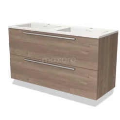 Modulo Badkamermeubel Met Wastafel | 120 Cm Middenbruin Eiken Vlak Front Solid Surface 2 Lades Onder Elkaar