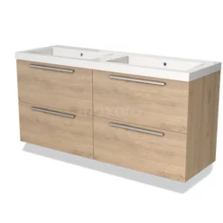 Modulo Badkamermeubel Met Wastafel | 140 Cm Lichtbruin Eiken Vlak Front Mineraalmarmer 4 Lades