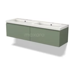 Modulo Badkamermeubel Met Wastafel | 160 Cm Saliegroen Greeploos Front Mineraalmarmer 2 Lades Naast Elkaar