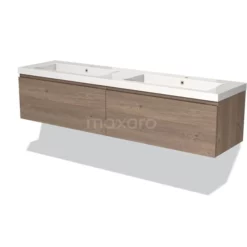 Modulo Badkamermeubel Met Wastafel | 180 Cm Middenbruin Eiken Greeploos Front Mineraalmarmer 2 Lades Naast Elkaar