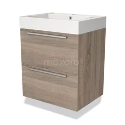 Modulo Badkamermeubel Met Wastafel | 60 Cm Eiken Vlak Front Mineraalmarmer 2 Lades Onder Elkaar