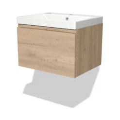 Modulo Badkamermeubel Met Wastafel | 60 Cm Lichtbruin Eiken Greeploos Front Keramiek 1 Lade