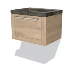 Modulo Badkamermeubel Met Wastafel | 60 Cm Lichtbruin Eiken Kader Front Natuursteen 1 Lade