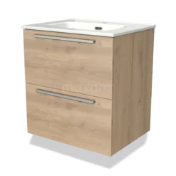 Modulo Badkamermeubel Met Wastafel | 60 Cm Lichtbruin Eiken Vlak Front Keramiek 2 Lades Onder Elkaar