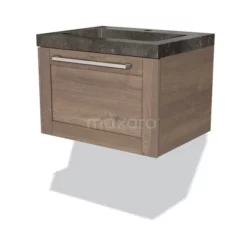 Modulo Badkamermeubel Met Wastafel | 60 Cm Middenbruin Eiken Kader Front Natuursteen 1 Lade