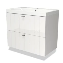 Modulo Badkamermeubel Met Wastafel | 80 Cm Hoogglans Wit Lamel Front Keramiek 2 Lades Onder Elkaar