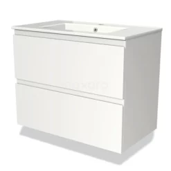 Modulo Badkamermeubel Met Wastafel | 80 Cm Mat Wit Greeploos Front Keramiek 2 Lades Onder Elkaar