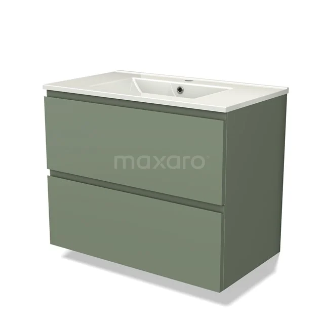 Modulo Badkamermeubel Met Wastafel | 80 Cm Saliegroen Greeploos Front Keramiek 2 Lades Onder Elkaar 1 Modulo Badkamermeubel Met Wastafel | 80 Cm Saliegroen Greeploos Front Keramiek 2 Lades Onder Elkaar