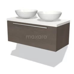 Modulo Plato Badkamermeubel Voor Waskom | 100 Cm Donkerbruin Eiken Vlak Front Mat Wit Blad 1 Lade