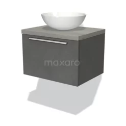 Modulo Plato Badkamermeubel Voor Waskom | 60 Cm Donkergrijs Beton Vlak Front Grijs Eiken Blad 1 Lade