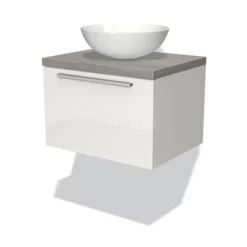 Modulo Plato Badkamermeubel Voor Waskom | 60 Cm Hoogglans Wit Vlak Front Grijs Eiken Blad 1 Lade