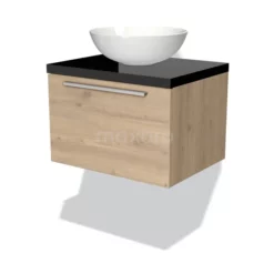 Modulo Plato Badkamermeubel Voor Waskom | 60 Cm Lichtbruin Eiken Vlak Front Hoogglans Zwart Blad 1 Lade