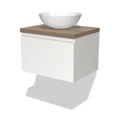 Modulo Plato Badkamermeubel Voor Waskom | 60 Cm Mat Wit Greeploos Front Middenbruin Eiken Blad 1 Lade