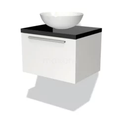 Modulo Plato Badkamermeubel Voor Waskom | 60 Cm Mat Wit Vlak Front Hoogglans Zwart Blad 1 Lade