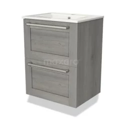 Modulo Slim Badkamermeubel Met Wastafel | 50 Cm Grijs Eiken Kader Front Keramiek 2 Lades Onder Elkaar