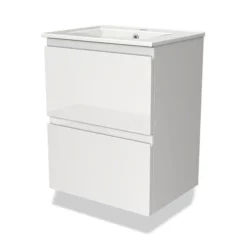 Modulo Slim Badkamermeubel Met Wastafel | 50 Cm Hoogglans Wit Greeploos Front Keramiek 2 Lades Onder Elkaar