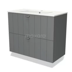 Modulo Slim Badkamermeubel Met Wastafel | 80 Cm Middengrijs Lamel Front Keramiek 2 Lades Onder Elkaar