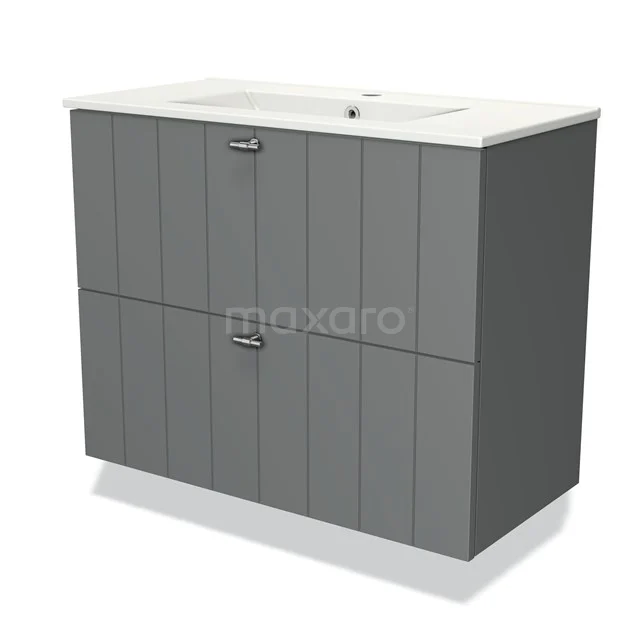 Modulo Slim Badkamermeubel Met Wastafel | 80 Cm Middengrijs Lamel Front Keramiek 2 Lades Onder Elkaar 1 Modulo Slim Badkamermeubel Met Wastafel | 80 Cm Middengrijs Lamel Front Keramiek 2 Lades Onder Elkaar