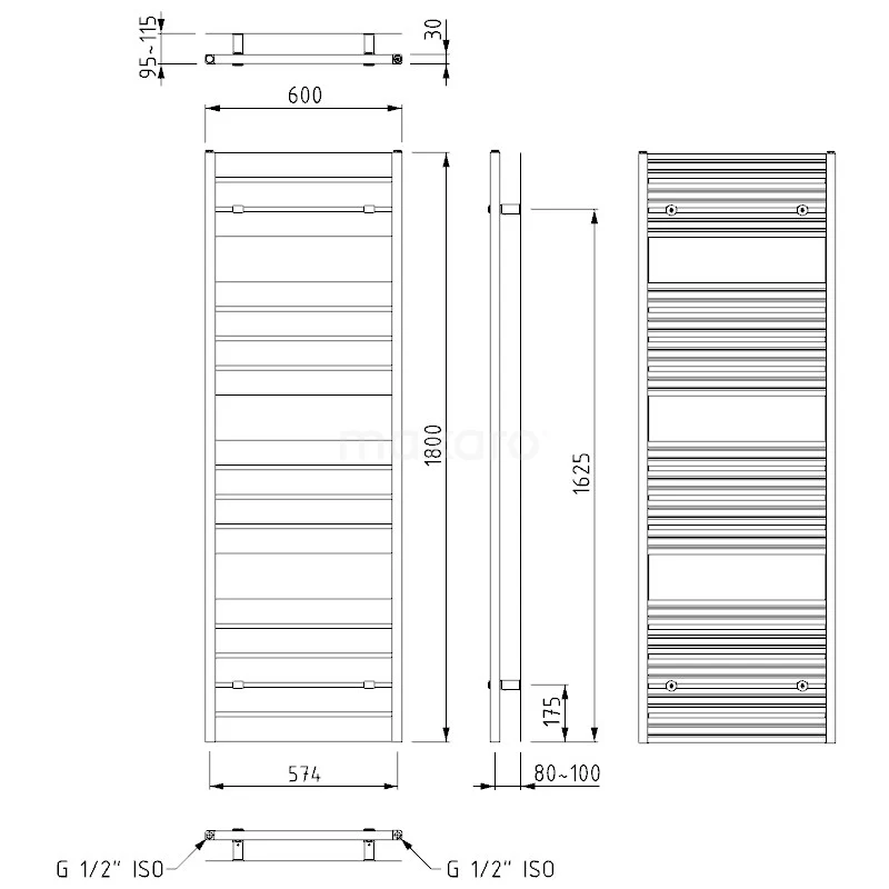 Pluto Handdoekradiator | 60x180 Cm Mat Zwart 1090 Watt Aluminium Centrale Verwarming 5 Pluto Handdoekradiator | 60x180 Cm Mat Zwart 1090 Watt Aluminium Centrale Verwarming - Afbeelding 5