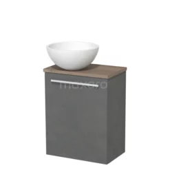 Toiletmeubel Met Waskom Solid Surface Modulo Donkergrijs Beton Vlak 41 Cm Middenbruin Eiken Blad